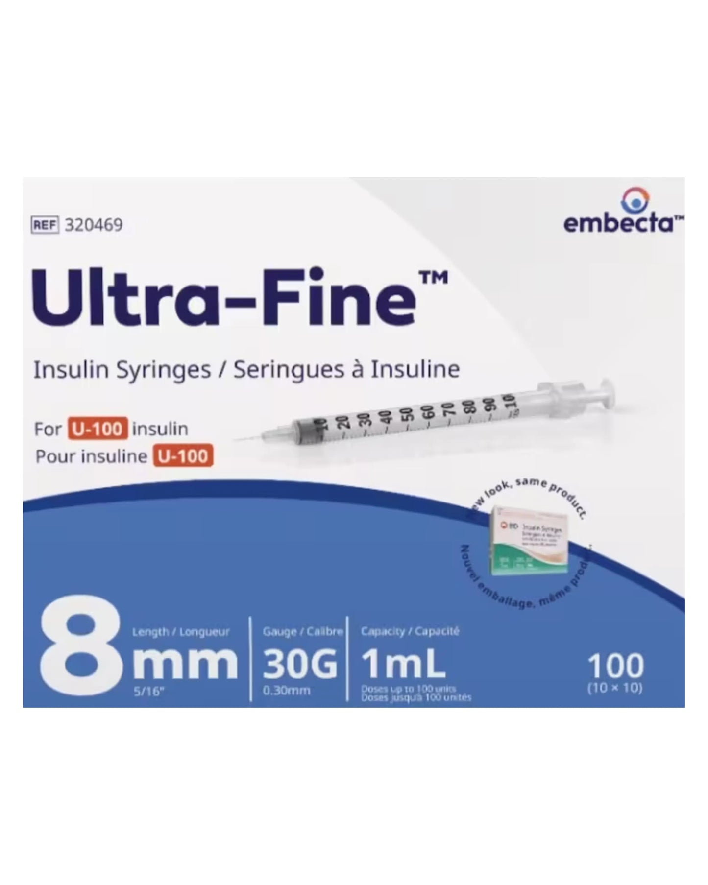 Shop BD / Embecta Ultra-Fine insulin syringes, 1 mL, 30G x 8 mm, U-100 graduations, sterile blister pack, latex-free, SKU 320469.
