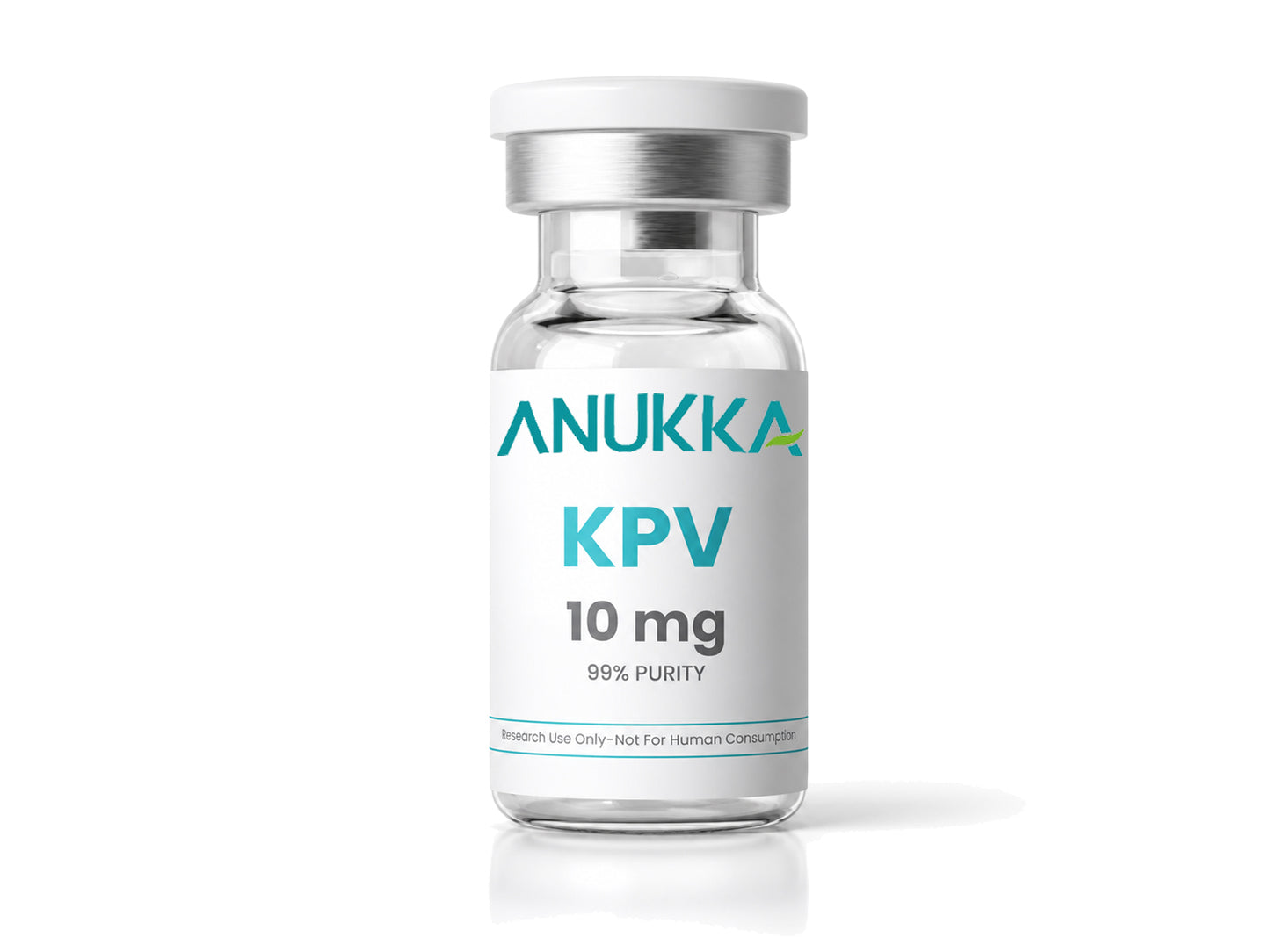 KPV 10 mg vial with clear glass bottle and white label on white background