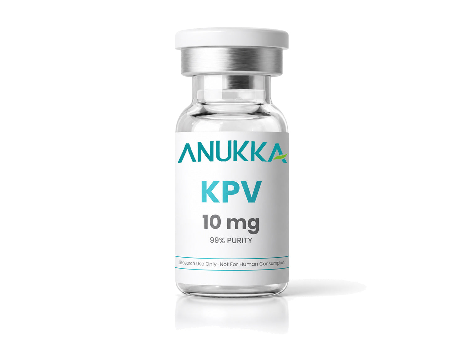 KPV 10 mg vial with clear glass bottle and white label on white background