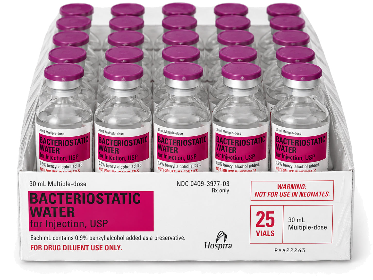 Bacteriostatic Water 30 mL case of 25 vials product packaging