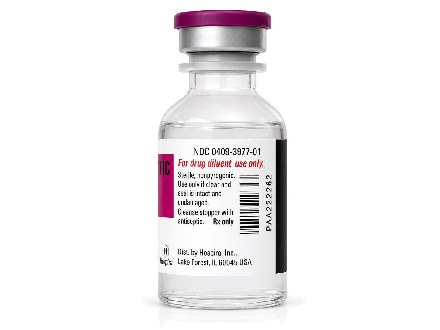 A clear glass vial with a purple and silver cap, showing a white label with black text, a barcode, and a magenta Hospira logo, on a white background.