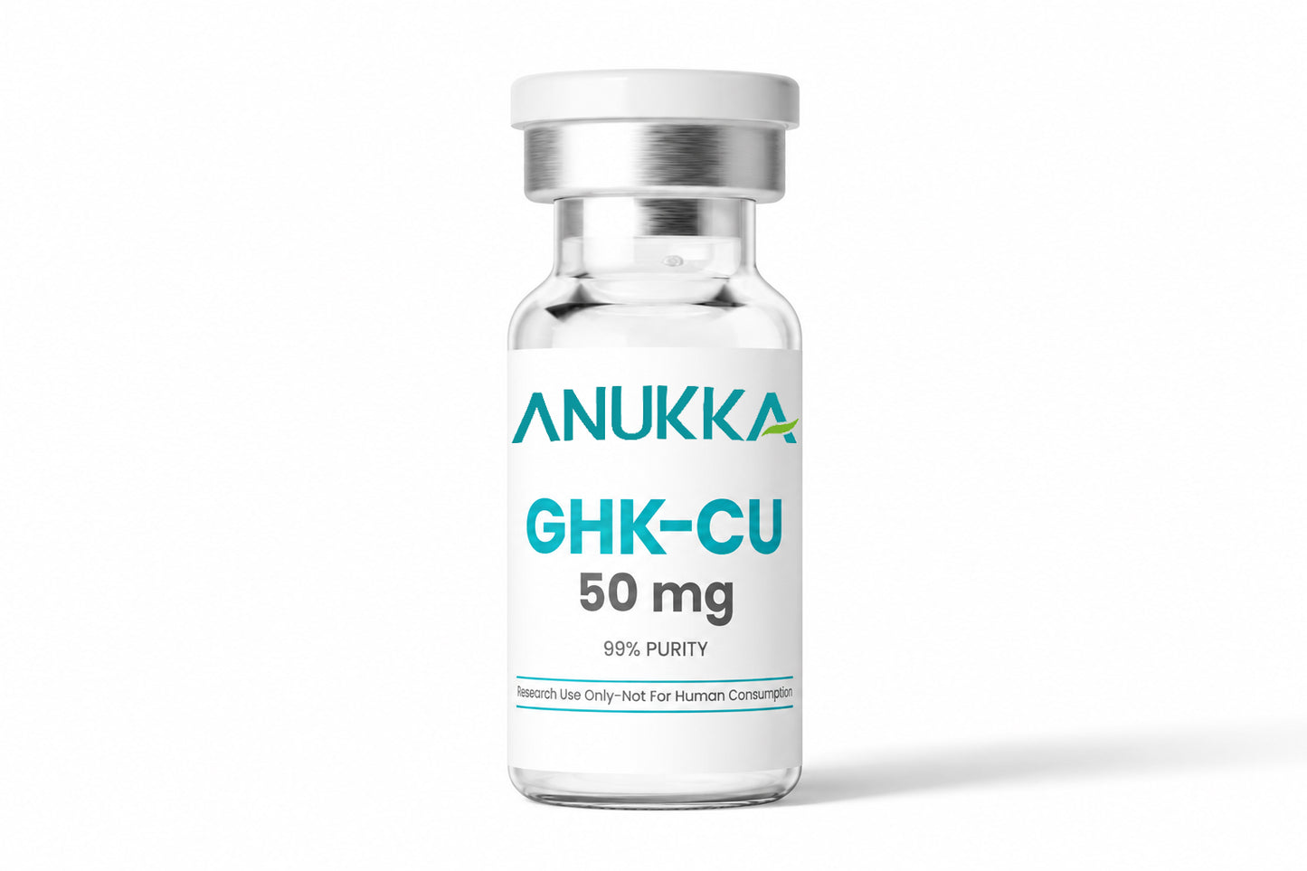 GHK-CU 50mg labeled vial with clear product label on white background