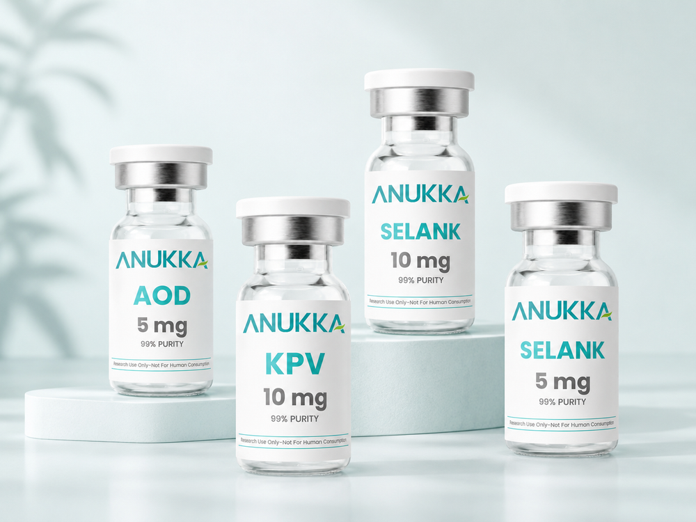 ANUKKA AOD and KPV research vials on a mint laboratory display