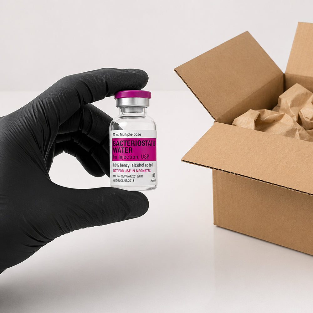 A research vial presented beside protective packaging