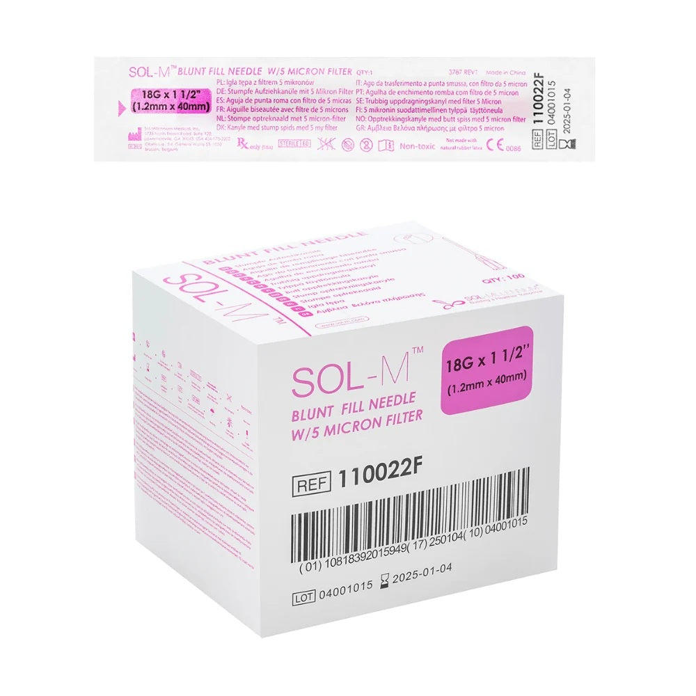 Sol-M 18G blunt fill needle box labeled with a 5 micron filter