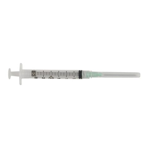BD 3 mL graduated syringe with a green hub and capped needle
