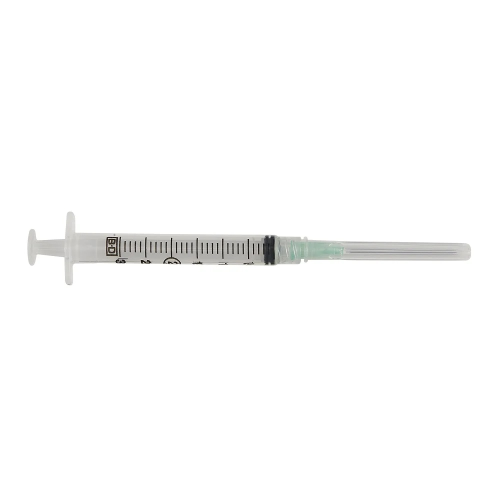 BD 3 mL graduated syringe with a green hub and capped needle