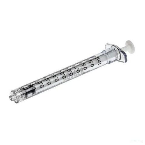 BD 1 mL syringe with black graduations and a Luer-Lock tip