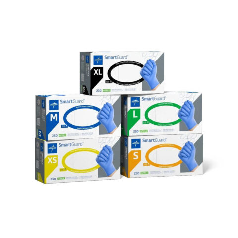 SmartGuard blue nitrile examination glove boxes in sizes XS, S, M, L and XL