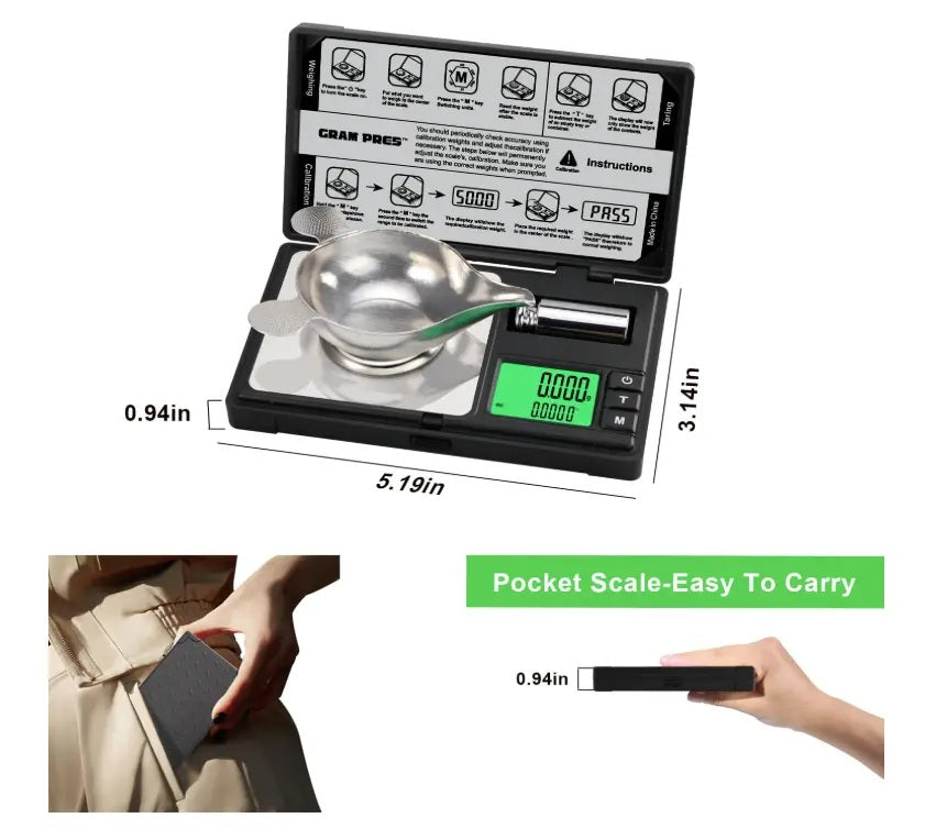 GRAM PRES pocket scale diagram showing dimensions and pocket storage
