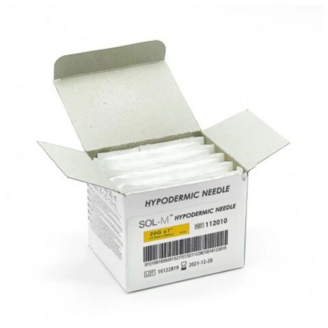 Open Sol-M hypodermic needle box labeled 20G x 1 inch and 112010