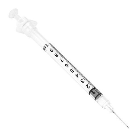 Sol-Care 1 mL graduated syringe with a fixed needle and safety mechanism