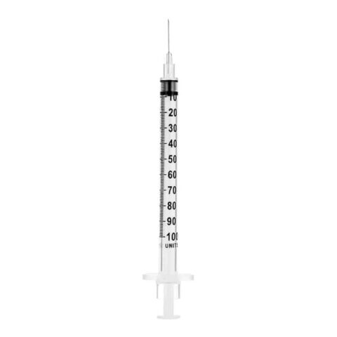 Sol-M insulin syringe with unit markings and an attached needle