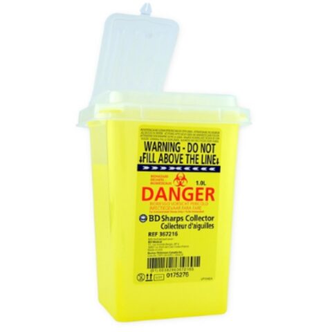 Yellow BD sharps collector 367216 with a translucent blue lid